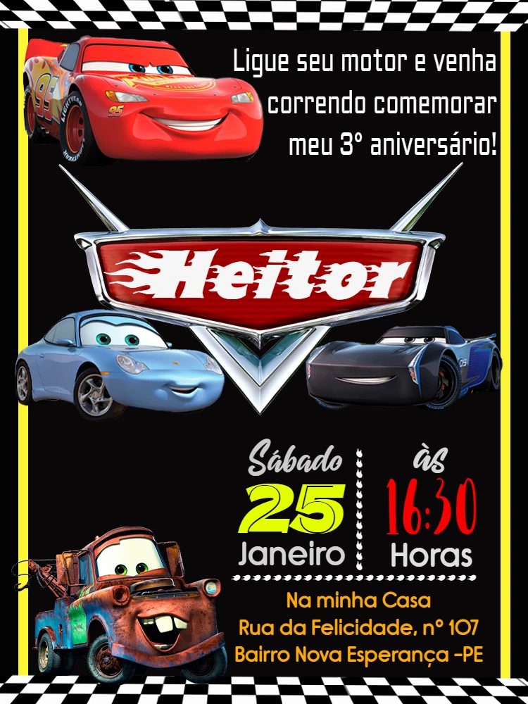 Convite de Aniversário Carros com Relâmpago McQueen para Editar