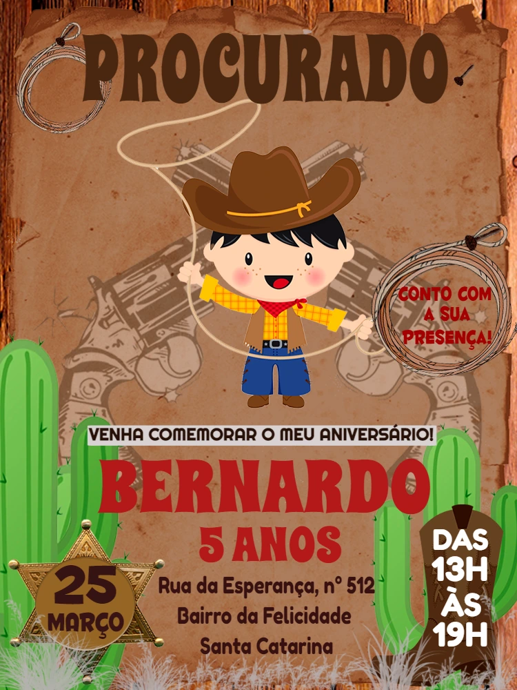 Convite Aniversário Cowboy Velho Oeste para Editar Online