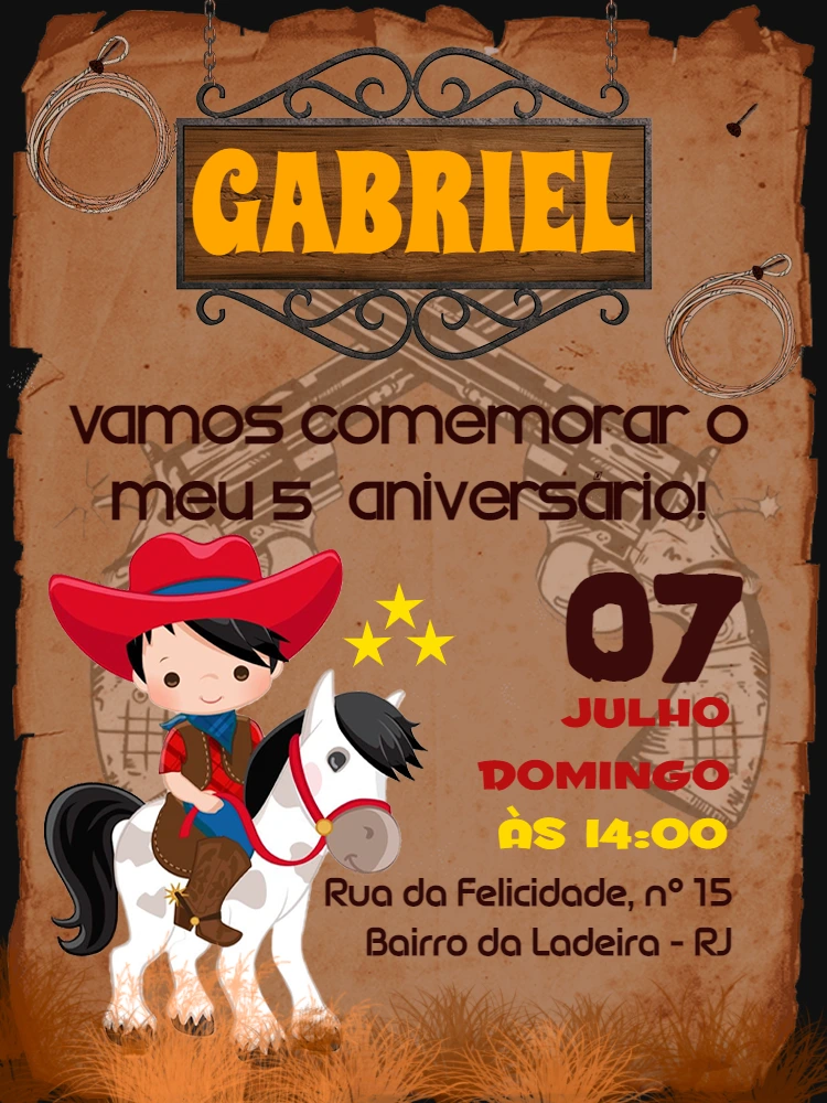 Convite de Aniversário Cowboy com Menino para Editar Online