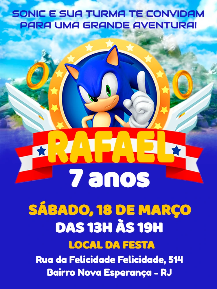 Convite de Aniversário Sonic para Editar e Imprimir Online