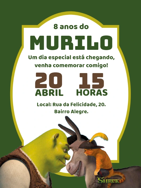 Convite de Aniversário Shrek com Personagens para Editar Online