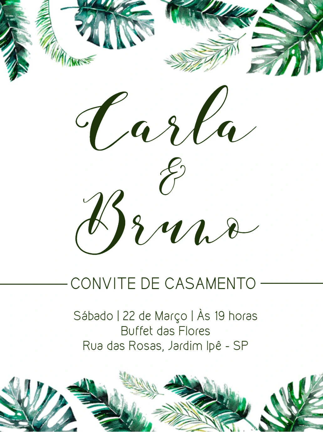 Convite de Casamento com Folhagens Verdes para Editar Online