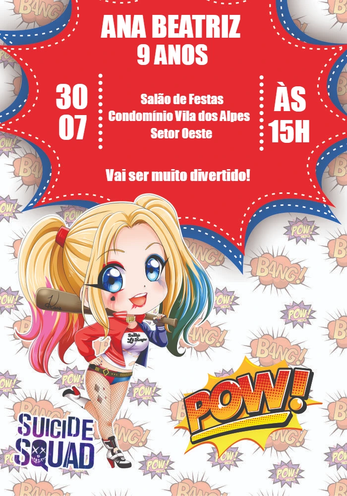 Convite de Aniversário Arlequina para Editar Online