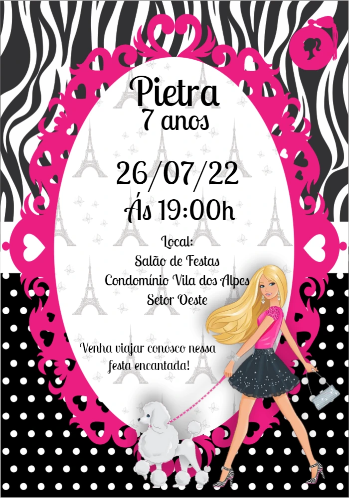Convite Aniversário Barbie Paris Editável Online