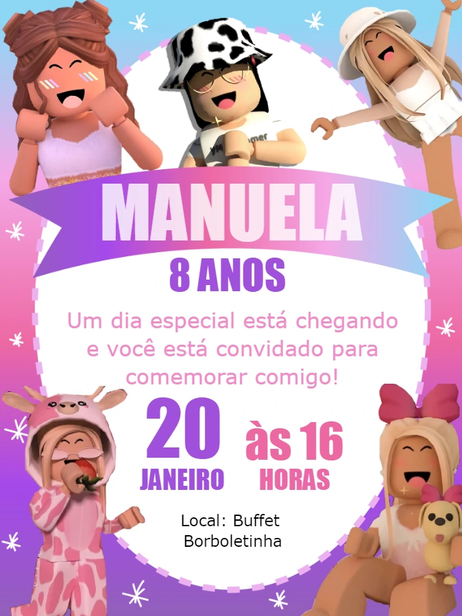Convite Aniversário Roblox Menina para Editar Online