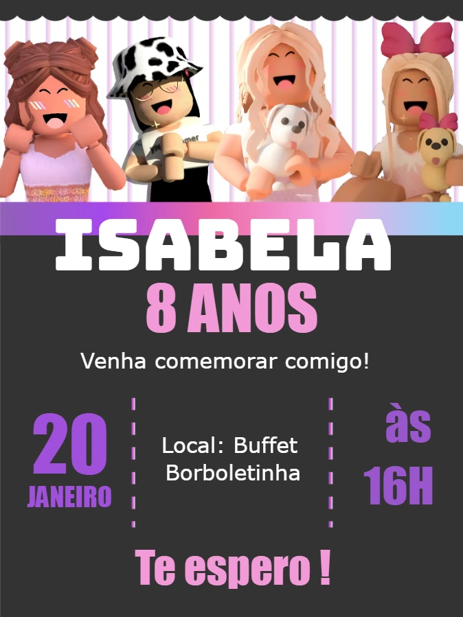 Convite Roblox Feminino de Aniversário para Editar e Imprimir