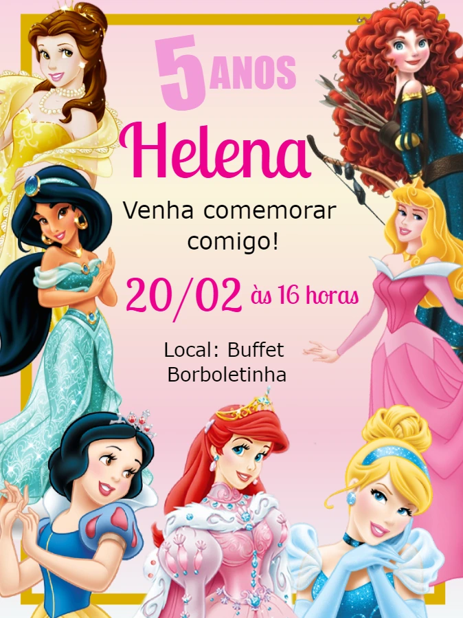 Convite Aniversário Princesas Disney para Editar Online