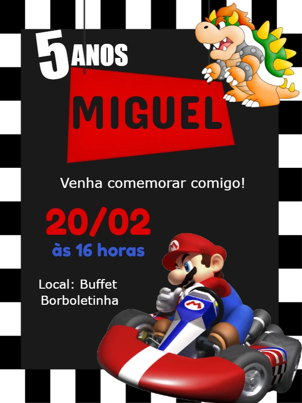 Convite Aniversário Super Mario Kart para Editar Online