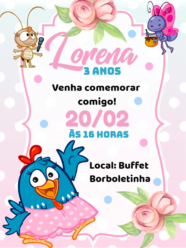 Convite de Aniversário Galinha Pintadinha para Editar Online