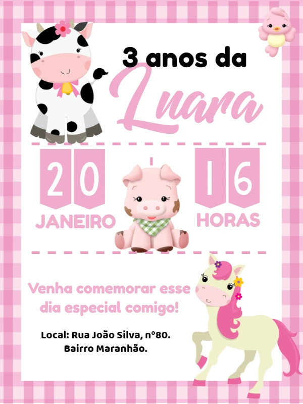 Convite Aniversário Fazendinha Rosa com Animais para Editar