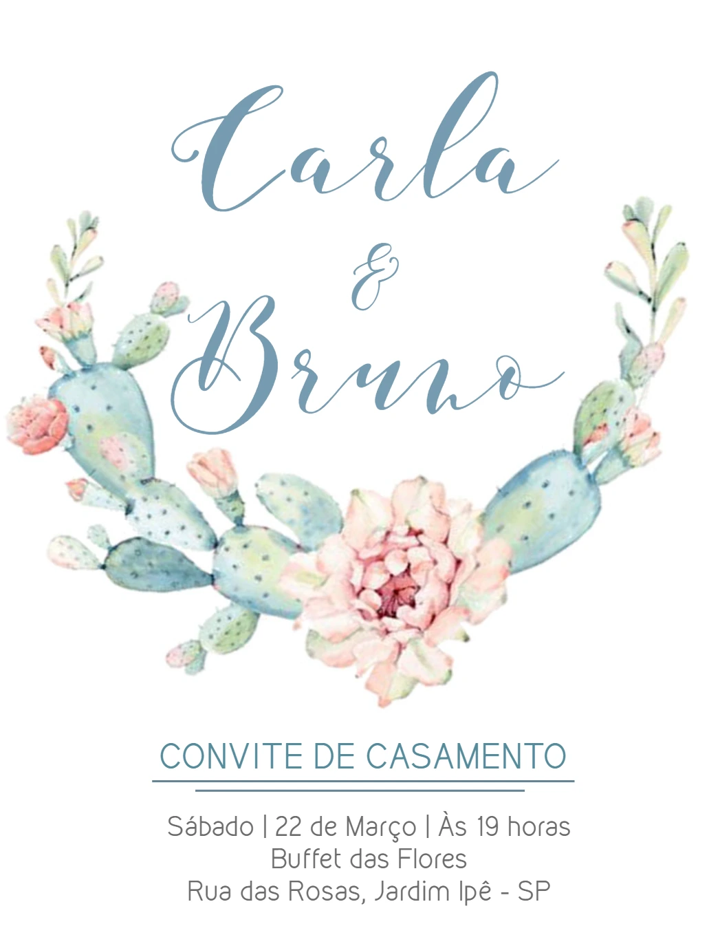 Convite de Casamento Cactos Aquarela Romântico para Editar