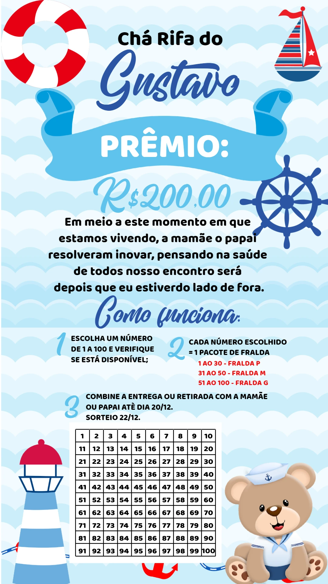 Convite Chá Rifa Ursinho Marinheiro para Editar Online