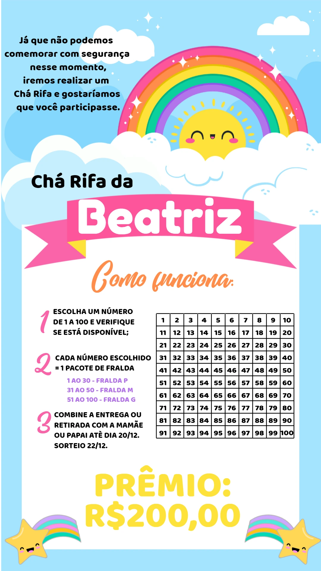 Convite Chá Rifa Arco Íris Fofo para Editar Online
