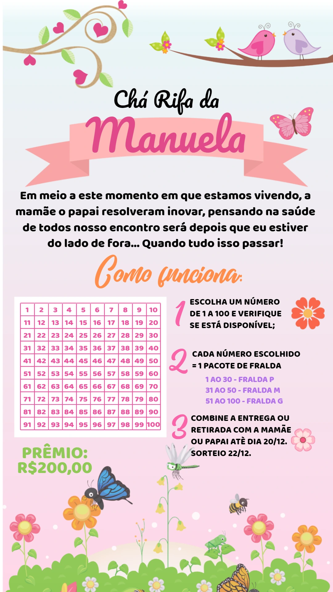 Convite Chá Rifa Jardim Encantado para Editar Online