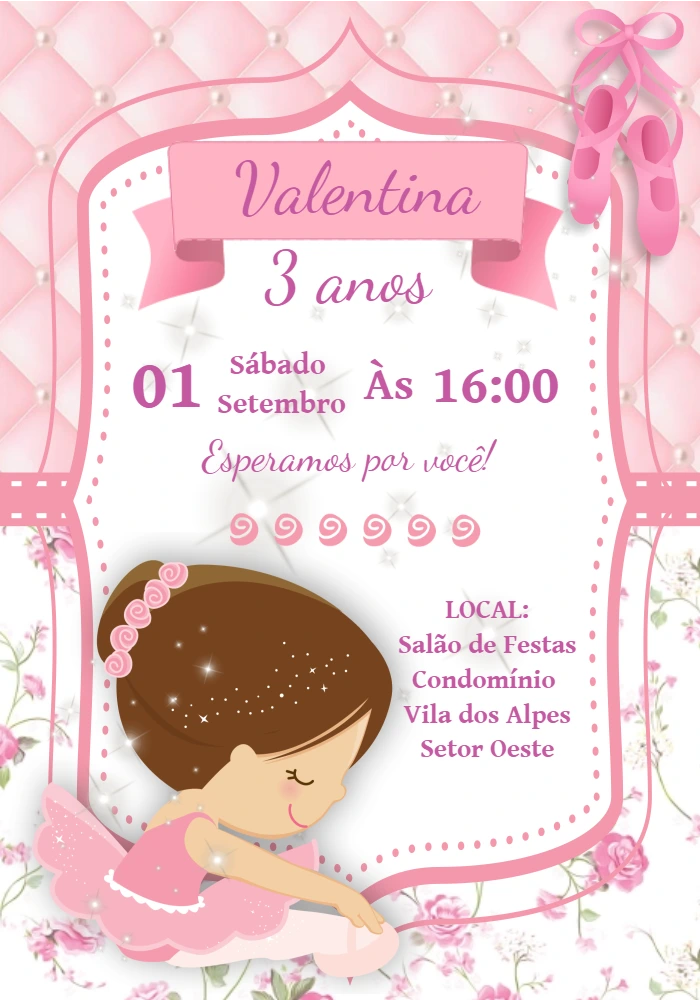 Convite Aniversário Bailarina Rosa para Editar Online