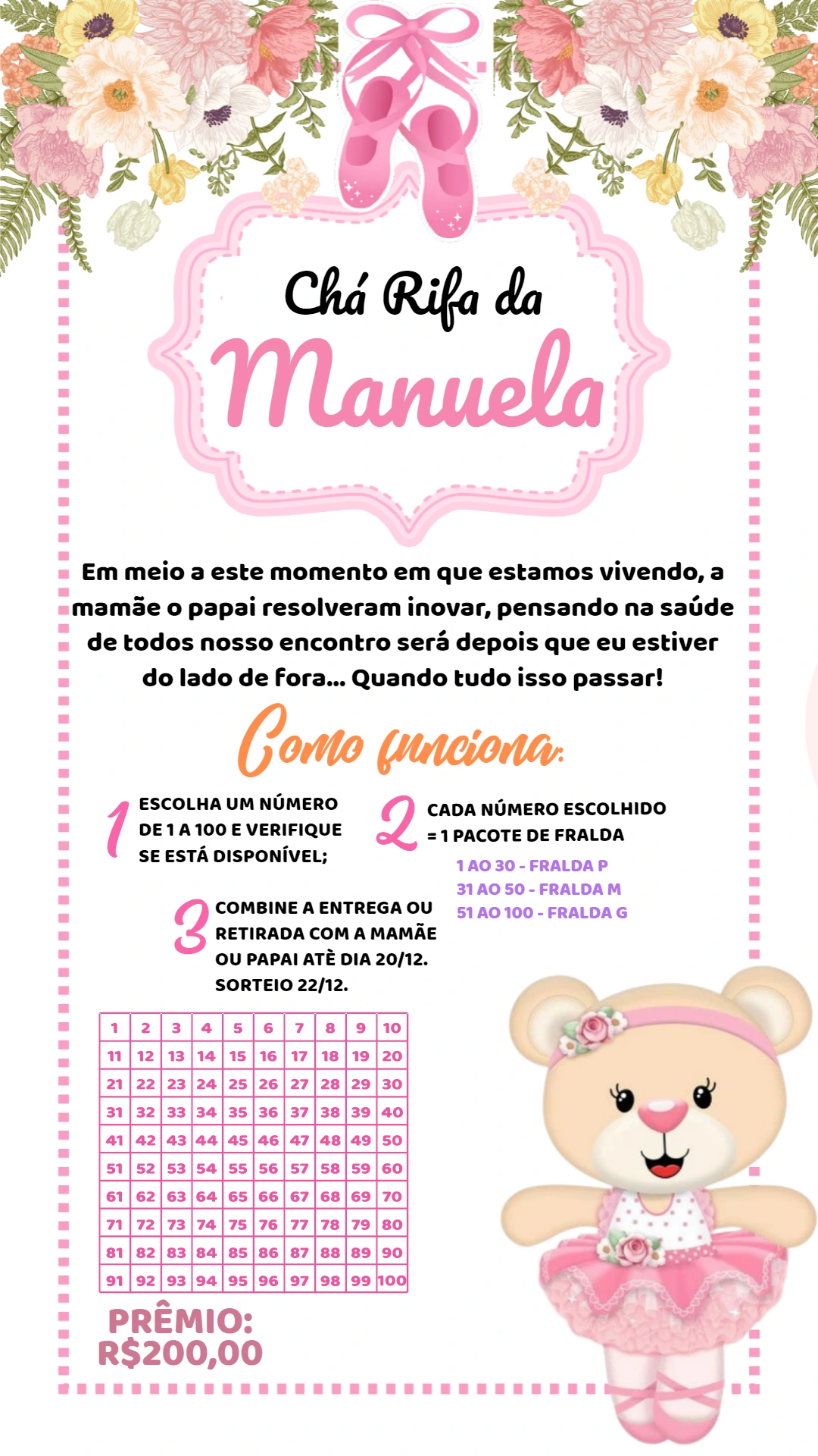 Chá Rifa Ursinha Bailarina Convite Editável Online