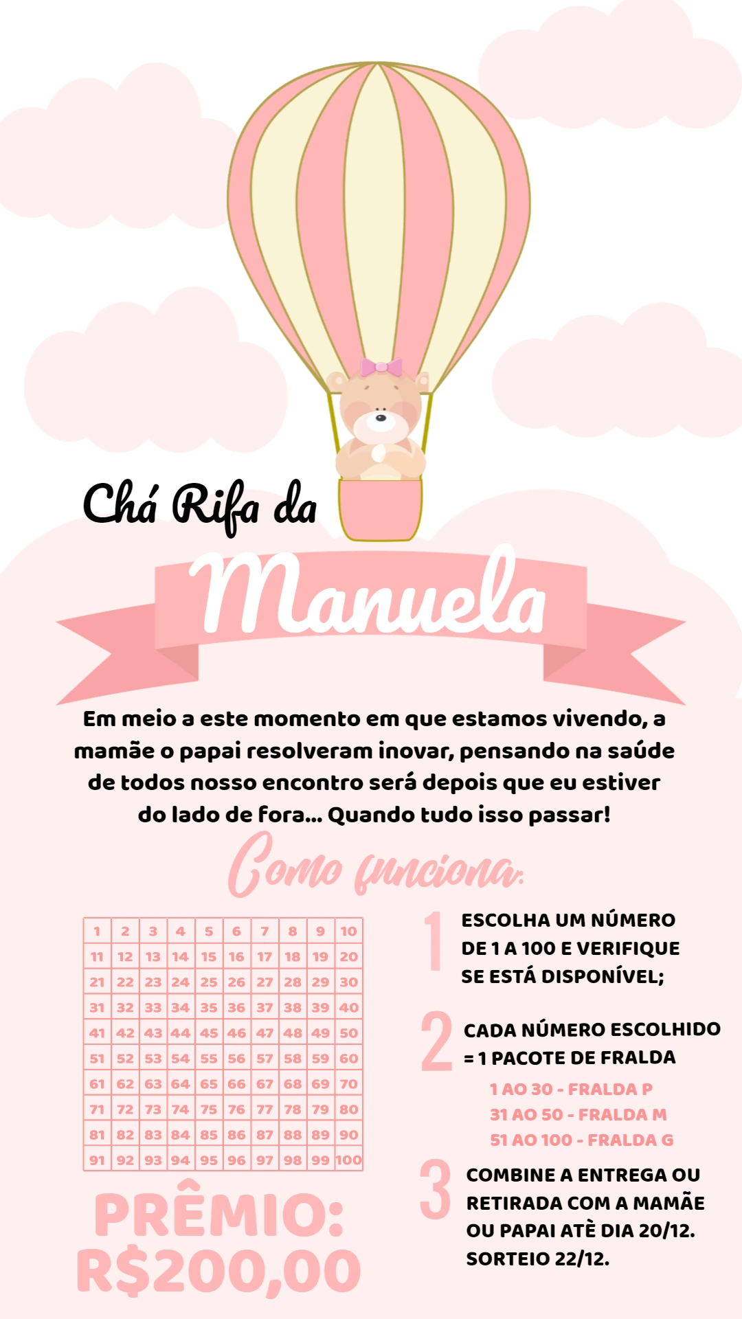 Convite Chá Rifa Ursinha Baloeira para Editar Online