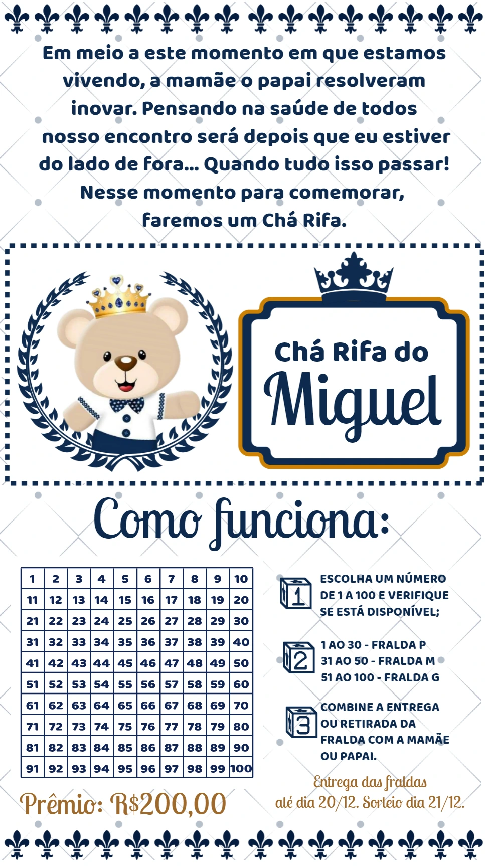 Convite Chá Rifa Ursinho Príncipe para Editar Online