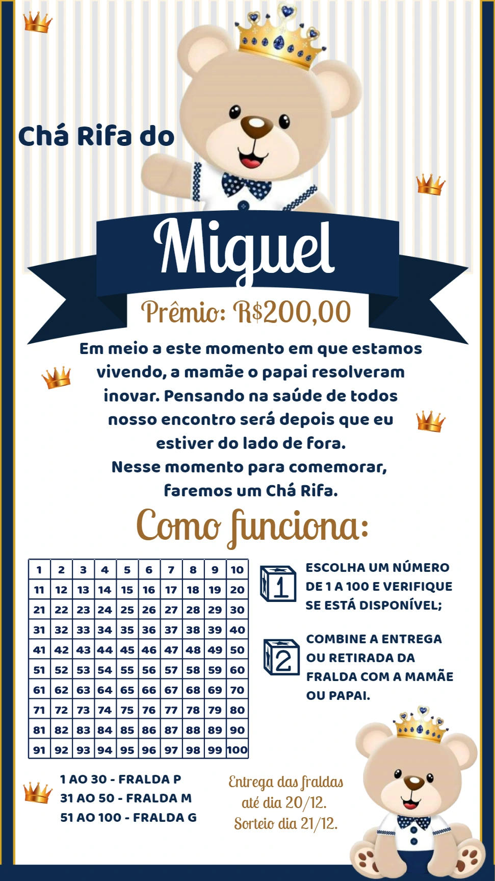 Convite Chá Rifa Ursinho Príncipe para Editar Online