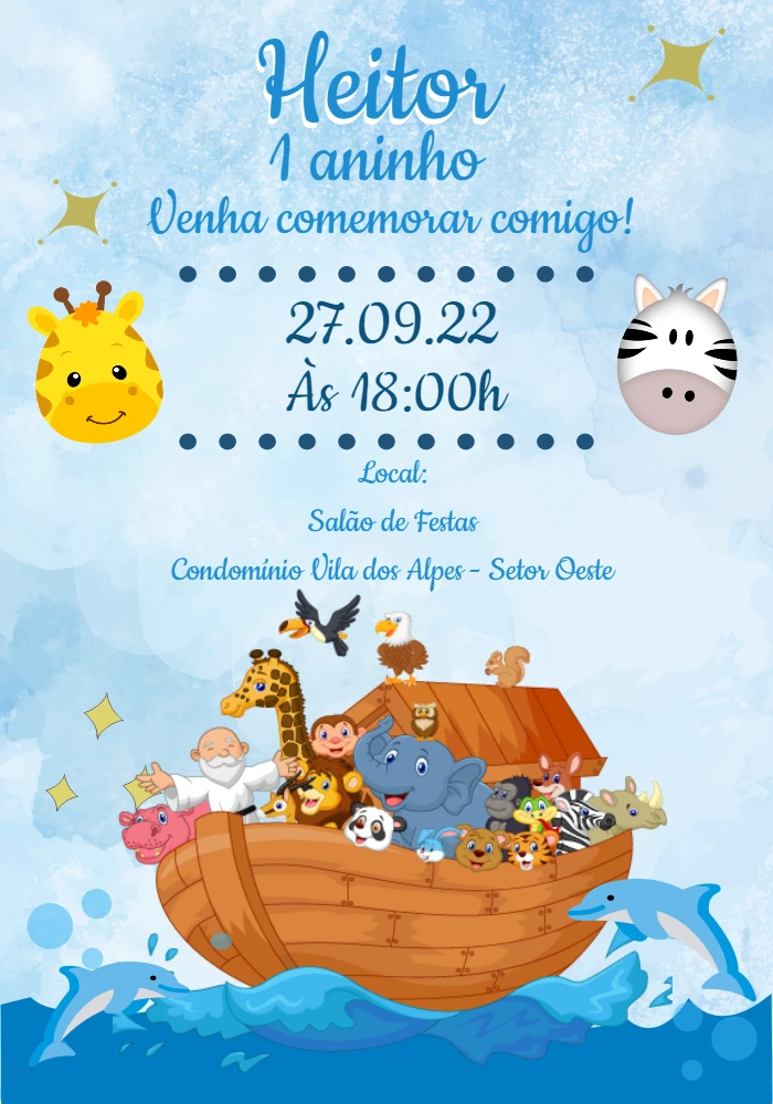 Convite Aniversário Arca de Noé com Animais para Editar Online