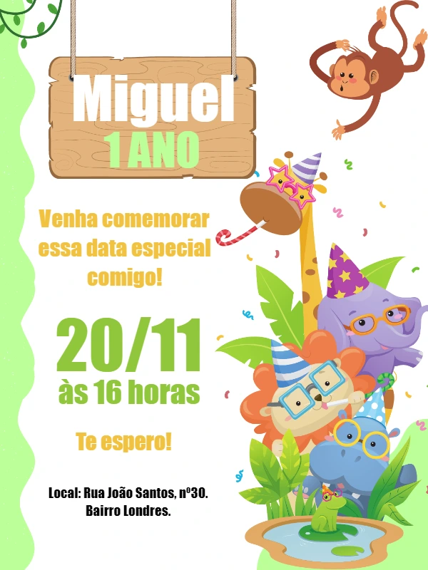 Convite de Aniversário Safari Baby com Animais para Editar