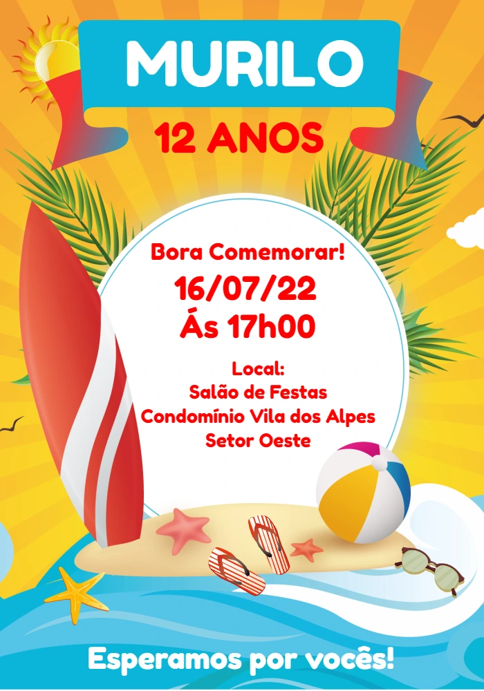 Convite de Aniversário Surf com Tema de Praia para Editar Online
