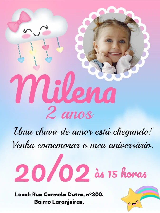 Convite Aniversário Chuva de Amor com Foto para Editar Online