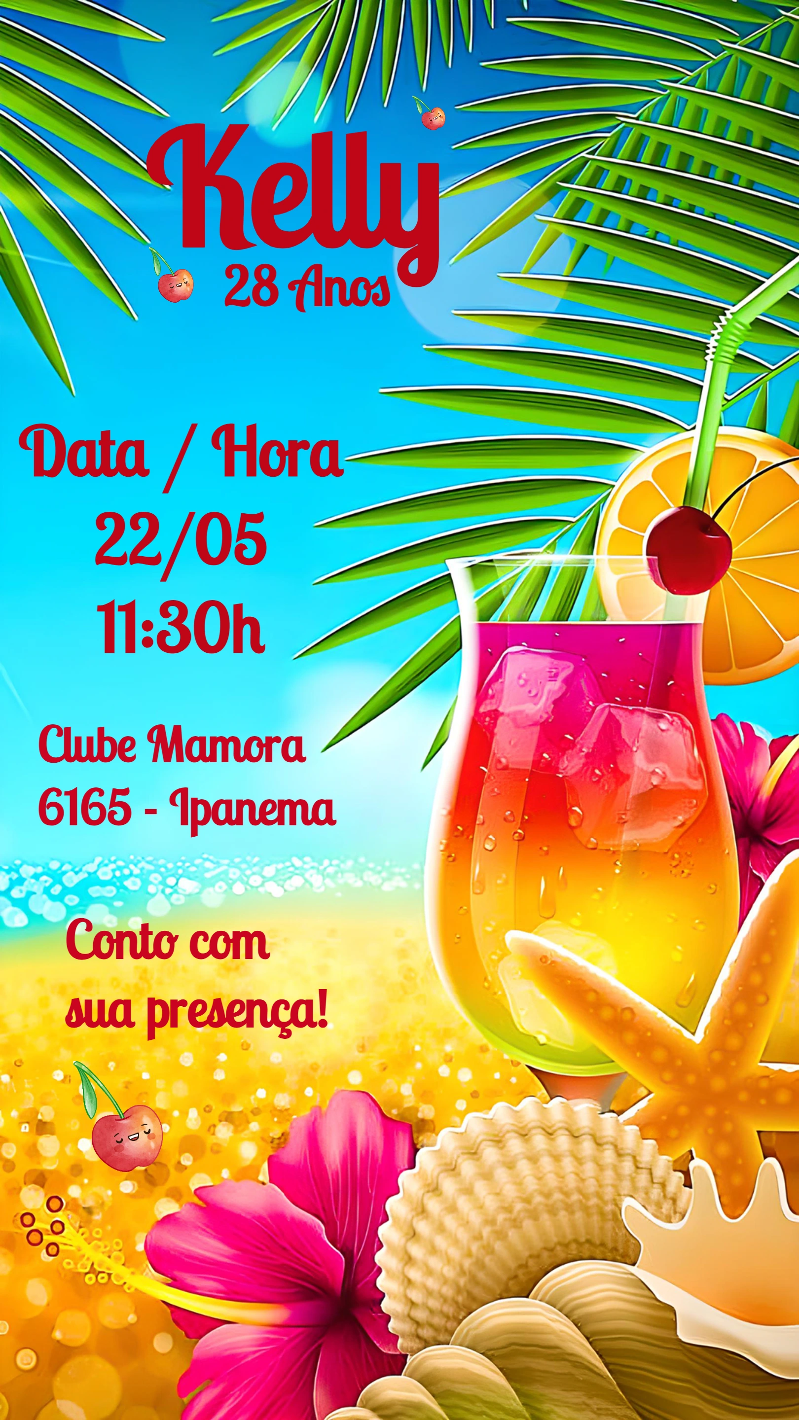 Convite Aniversário Festa Tropical com Coquetel para Editar Online