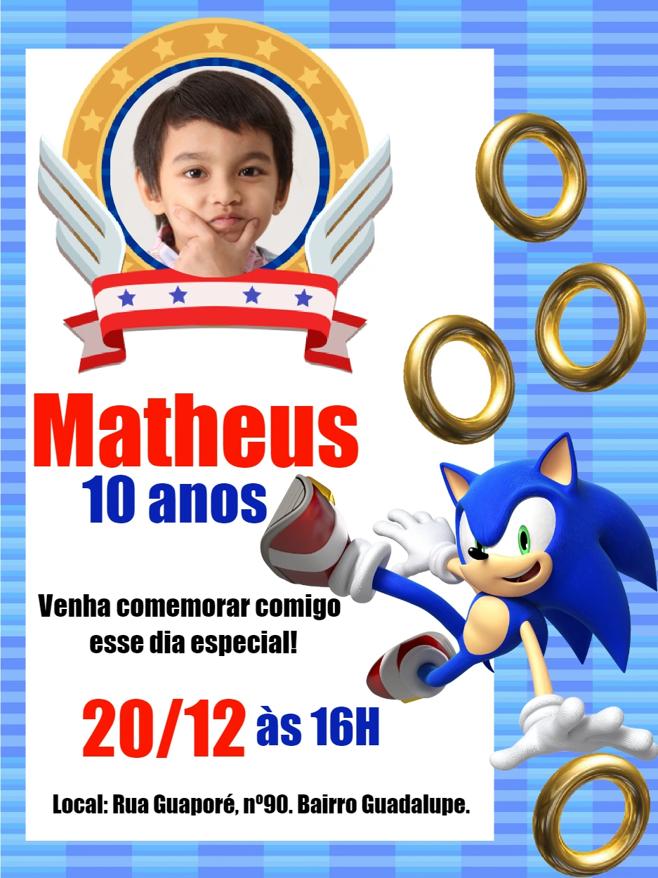 Convite de Aniversário Sonic com Foto para Editar Online