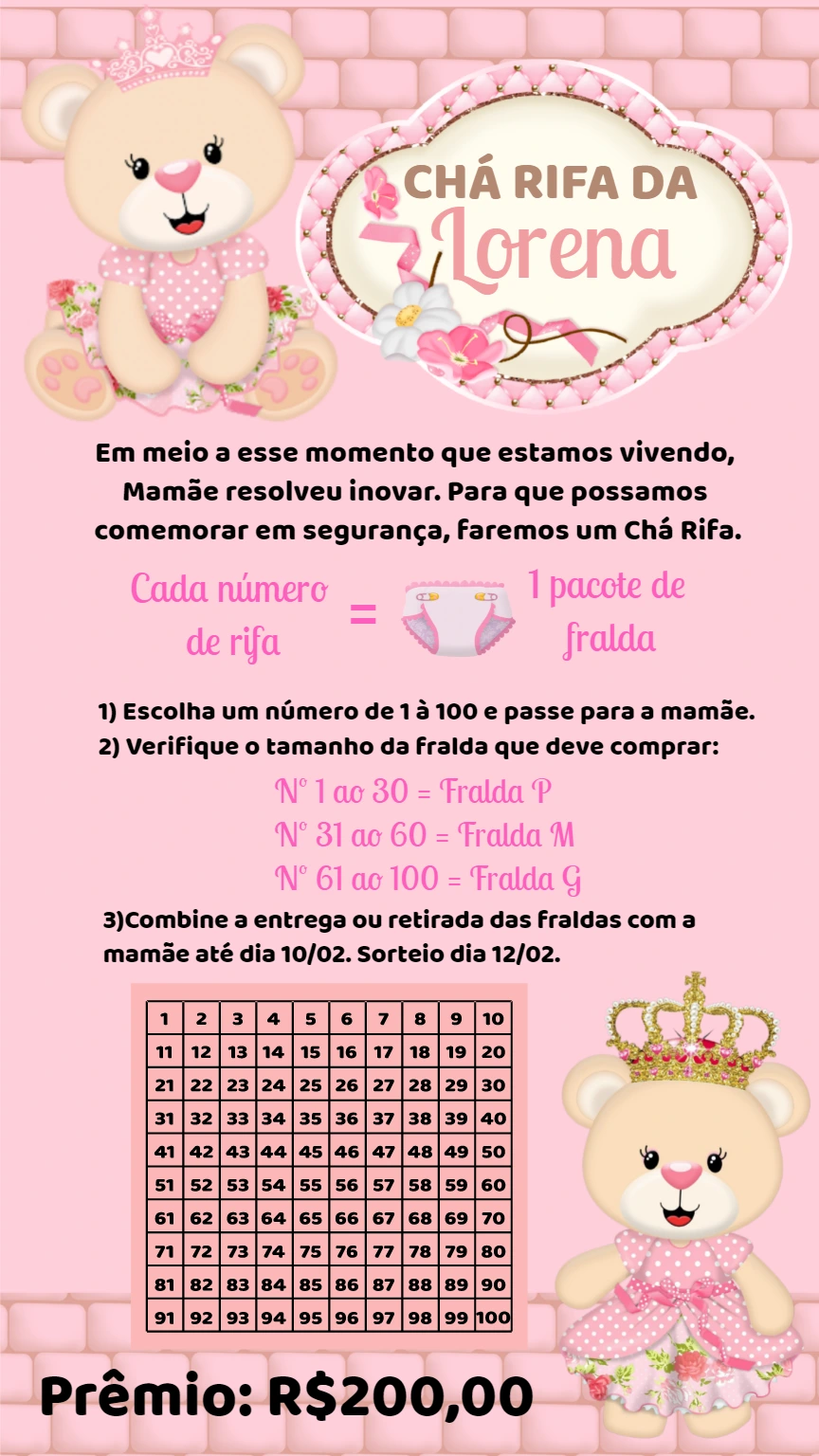 Chá Rifa Ursinha Princesa: Convite Editável para Imprimir