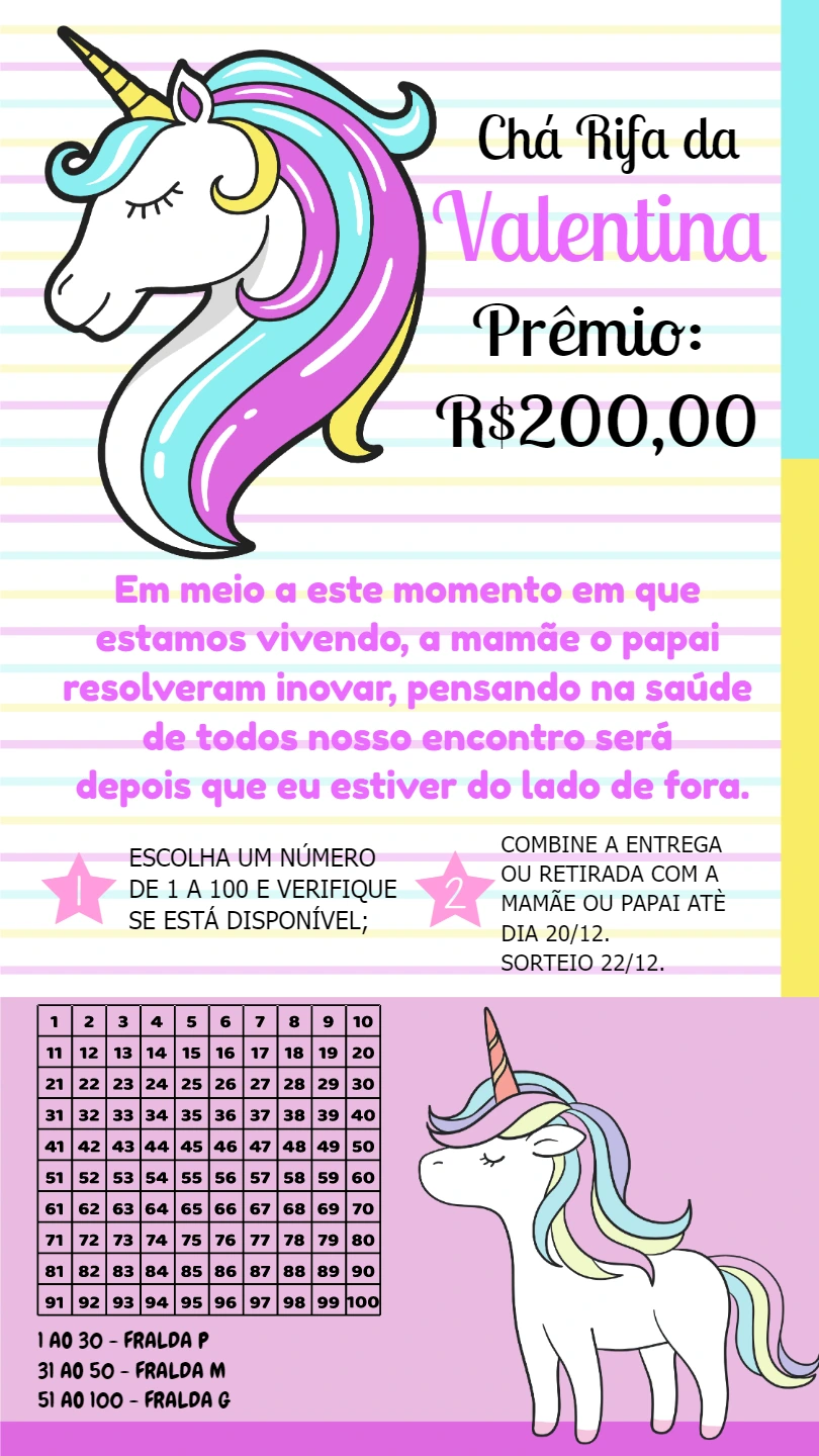 Chá Rifa Unicórnio Menina: Convite Editável Online