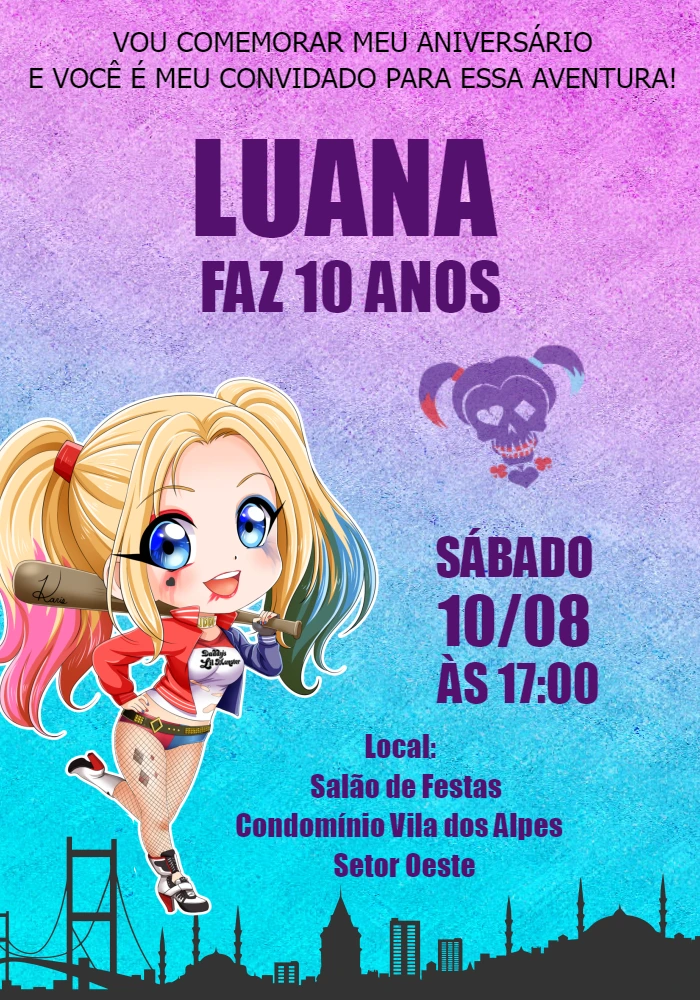 Convite de Aniversário Arlequina para Editar e Enviar Online