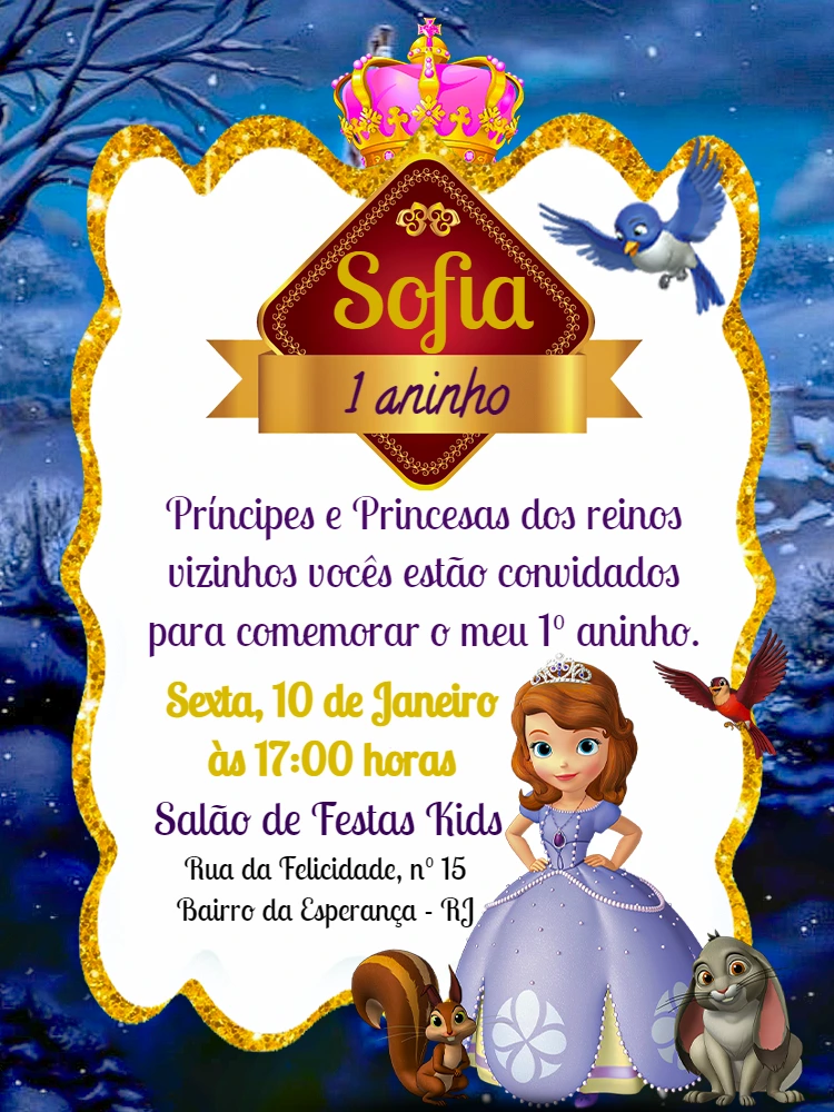 Convite Aniversário Princesinha Sofia para Editar Online