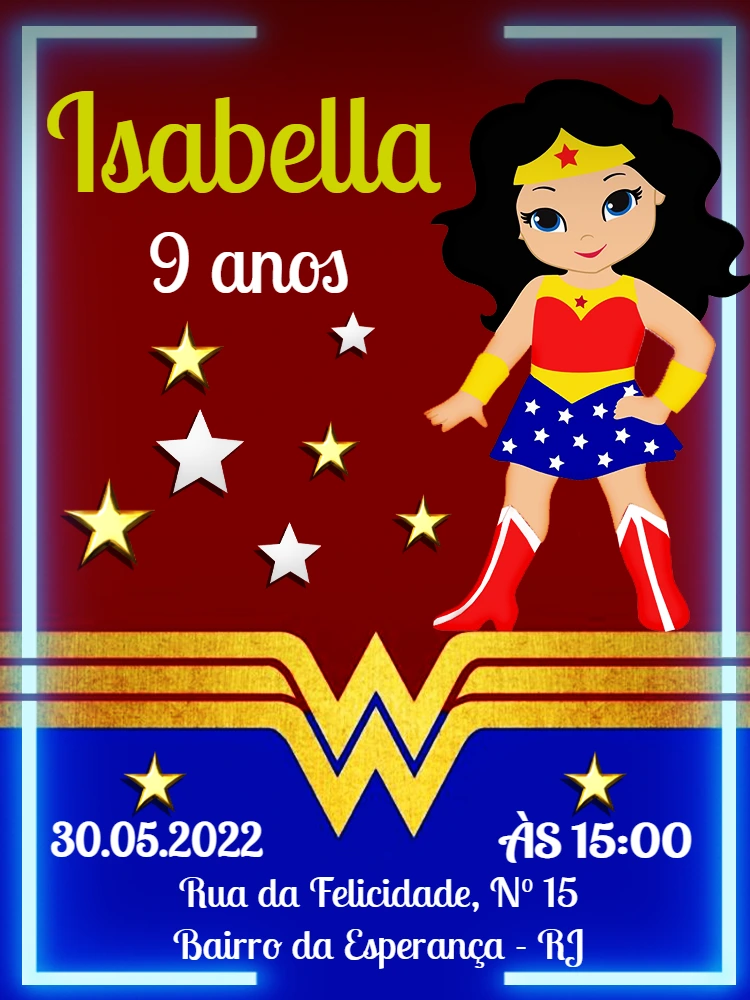 Convite Aniversário Mulher Maravilha para Editar Online