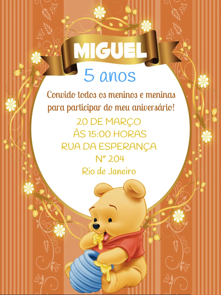 Convite de Aniversário Ursinho Pooh para Editar Online