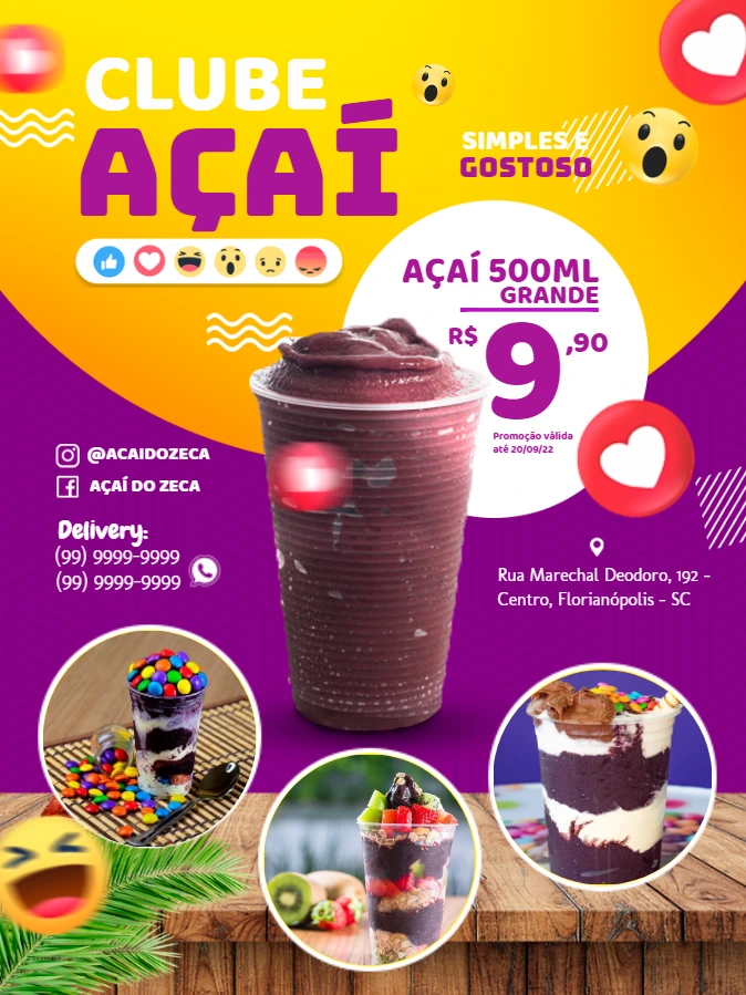 Folheto de Açaí Editável com Foto para Criar Promoções
