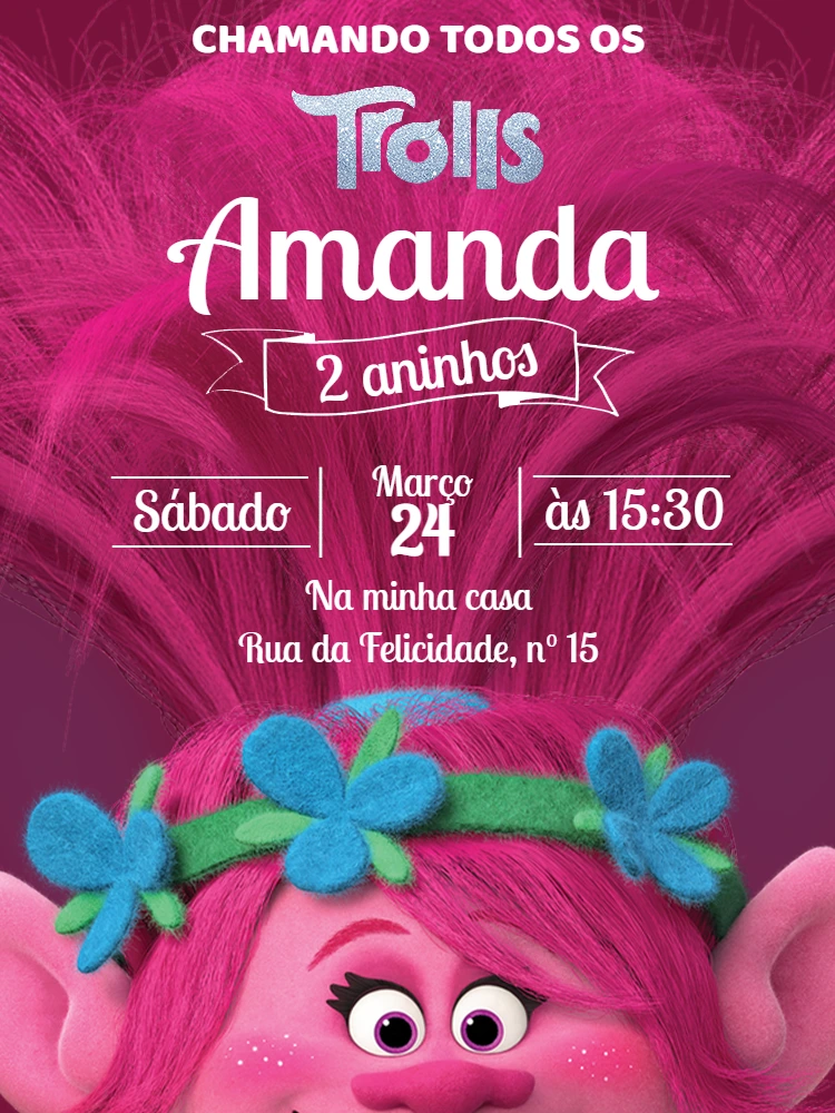 Convite de Aniversário Trolls da Poppy para Editar Online