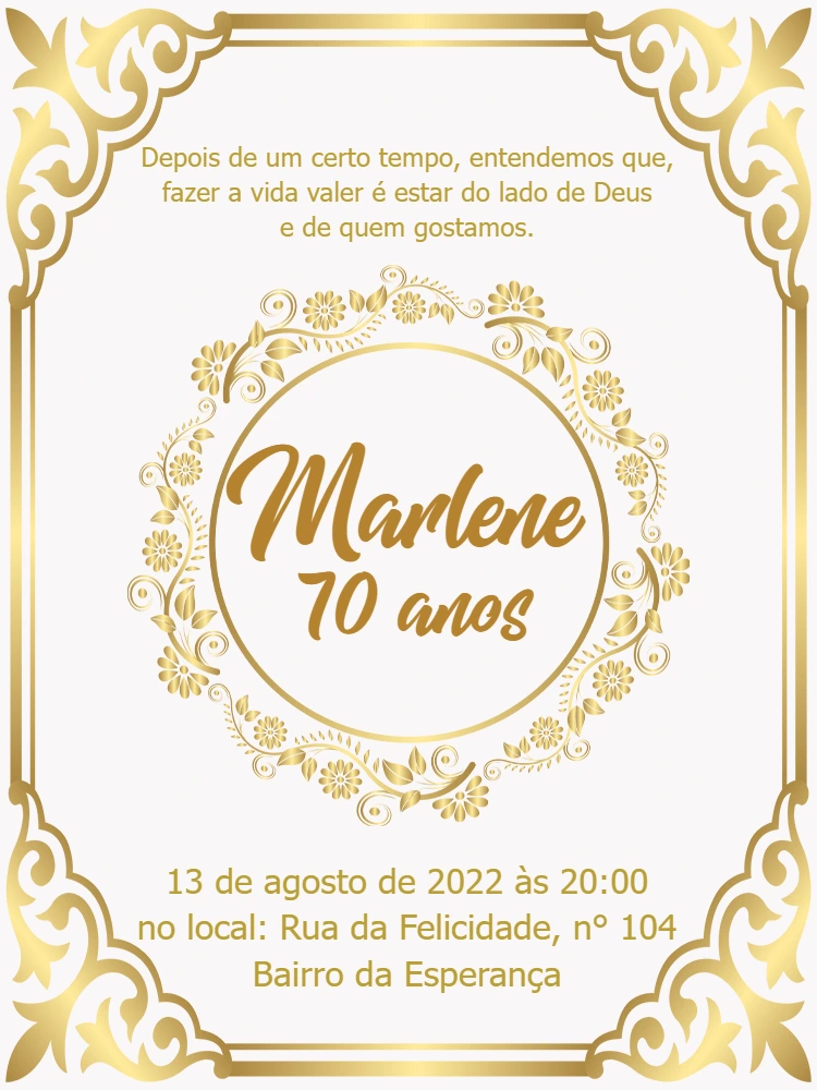 Convite de Aniversário 70 Anos Floral Dourado para Editar