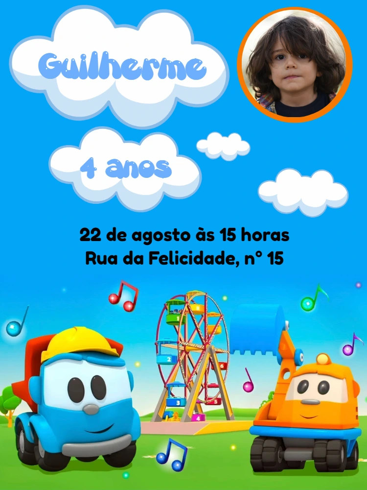 Convite Aniversário Léo o Caminhão com Foto para Editar
