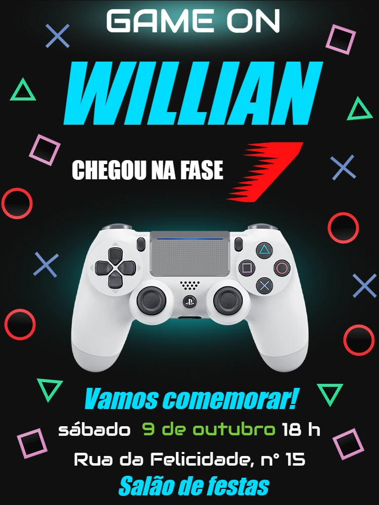 Convite de Aniversário Gamer Playstation para Editar Online