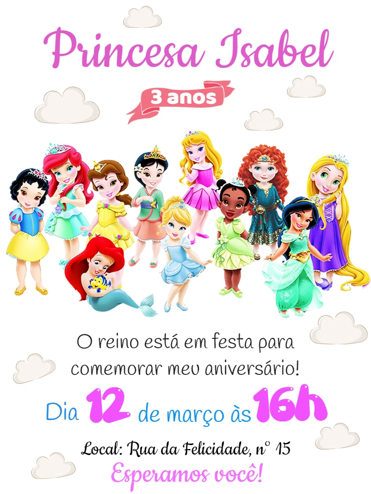 Convite de Aniversário Princesas Baby para Editar Online
