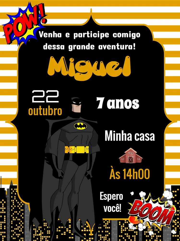 Convite de Aniversário Batman para Editar e Imprimir