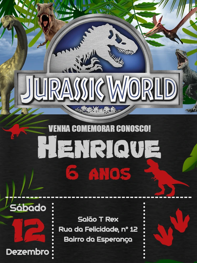 Convite Aniversário Jurassic World com Dinossauros para Editar