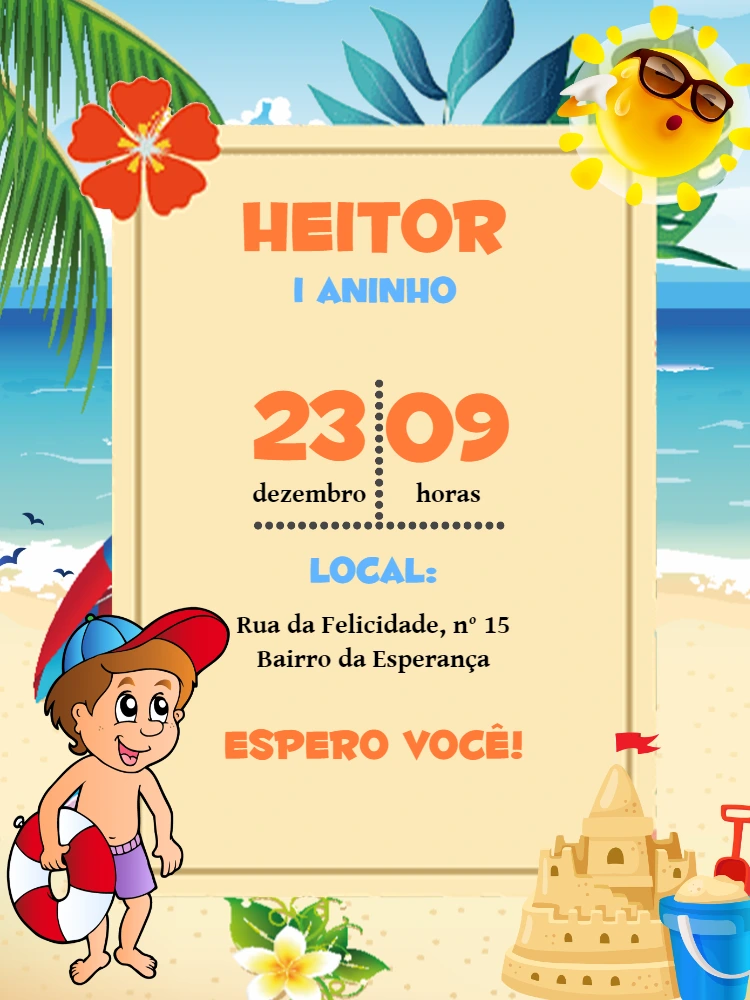 Convite de Aniversário Praia Infantil para Editar Online