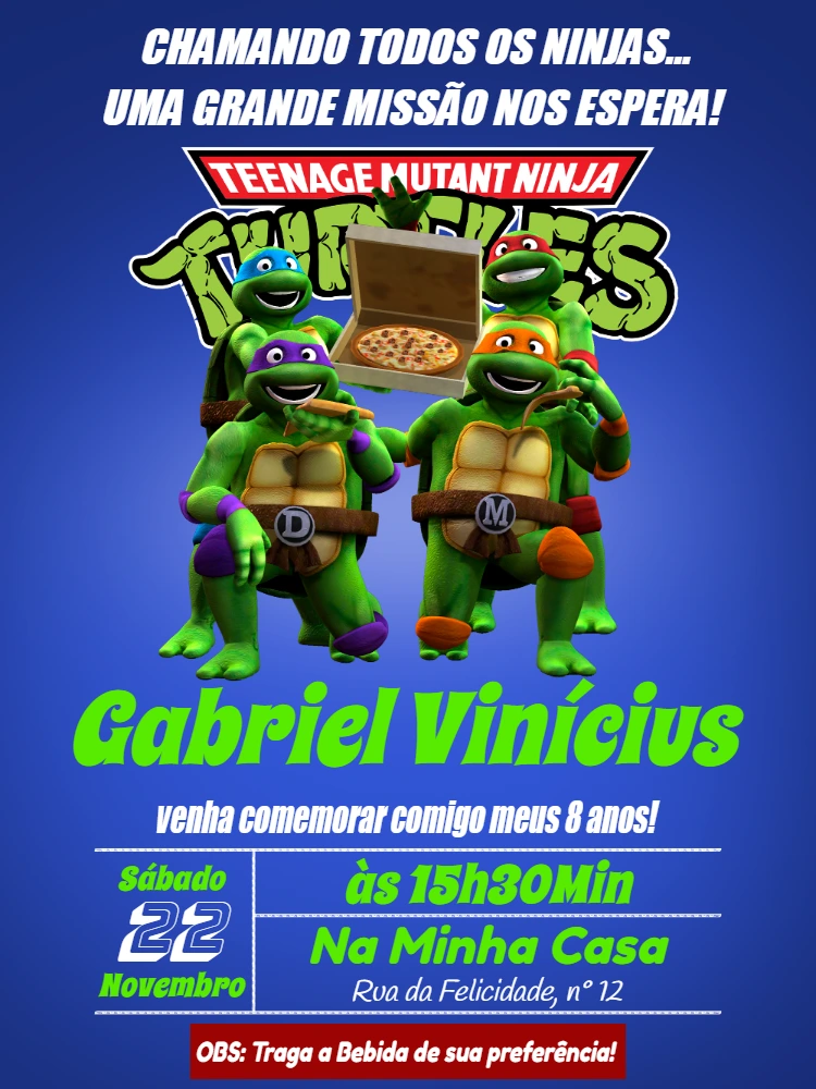 Convite de Aniversário Tartarugas Ninja para Editar Online
