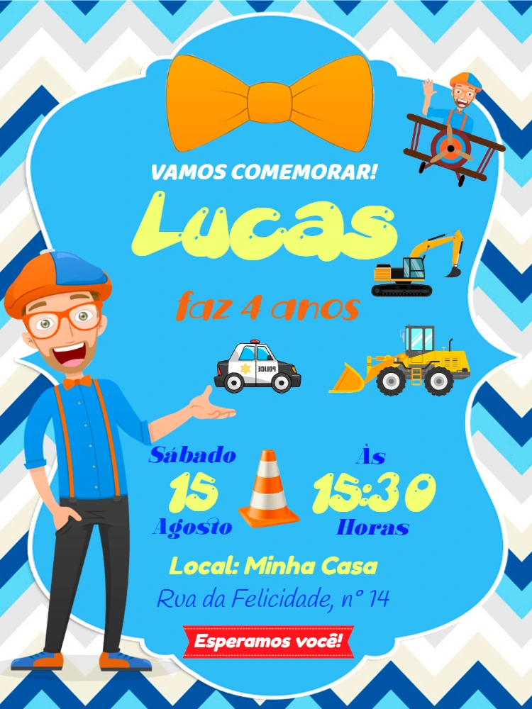Convite de Aniversário Blippi e Veículos para Editar Online