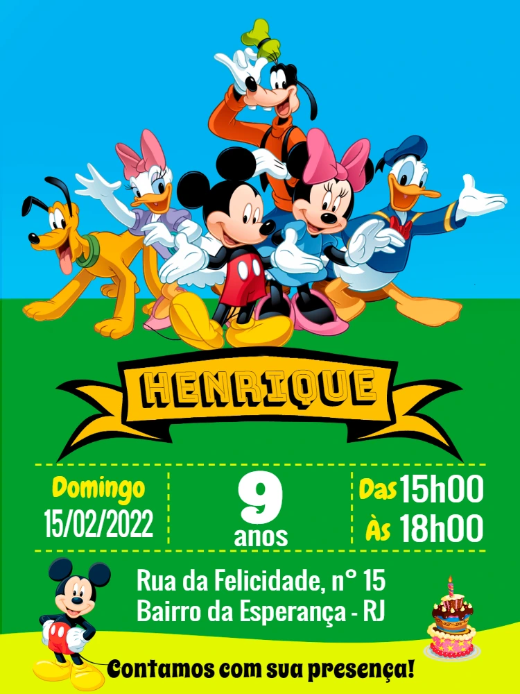 Convite Aniversário Turma do Mickey para Editar Online