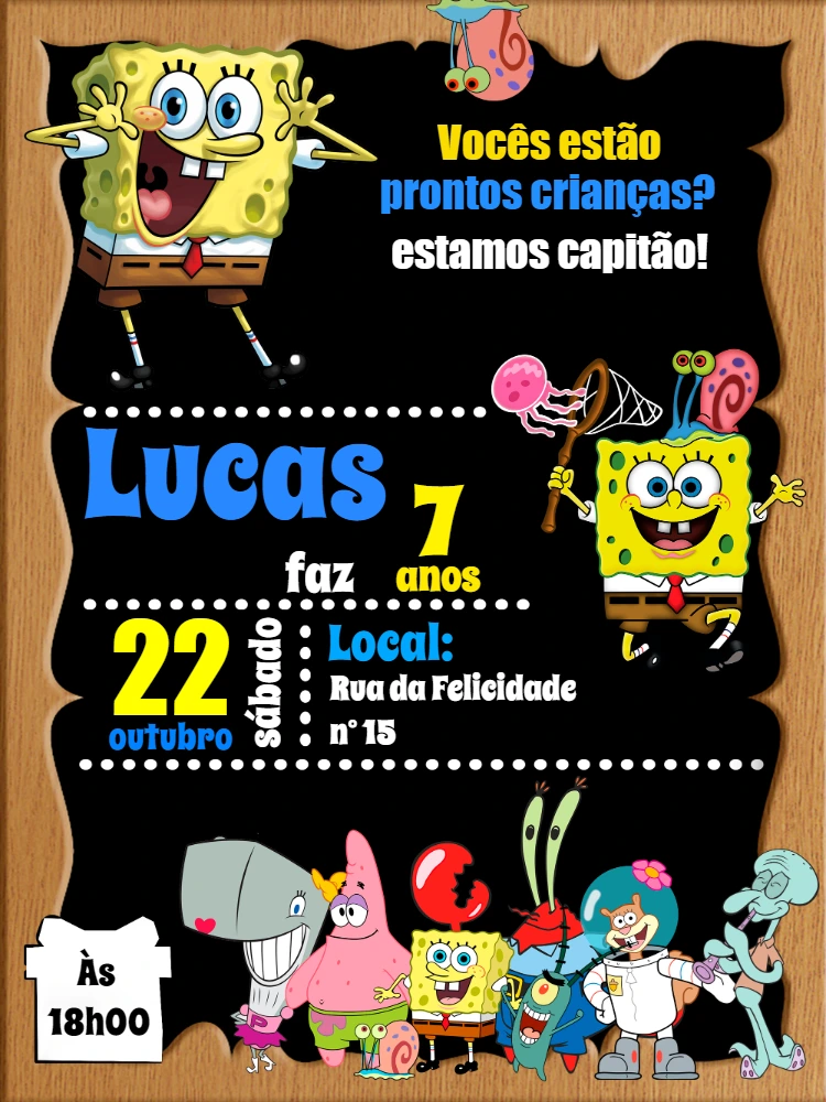 Convite Aniversário Bob Esponja com Turma para Editar Online