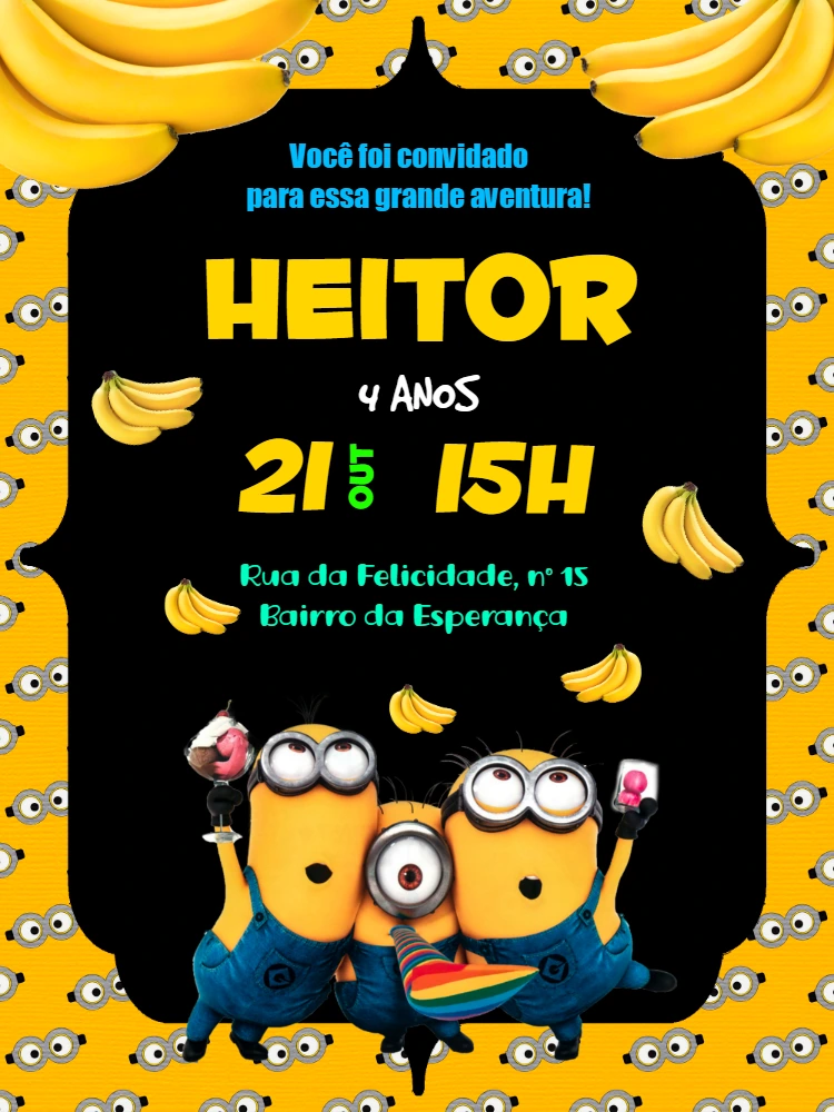 Convite Aniversário Minions para Editar Online e Imprimir