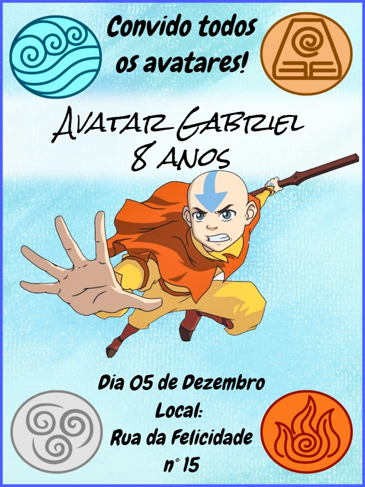 Convite Aniversário Avatar A Lenda de Aang para Editar Online